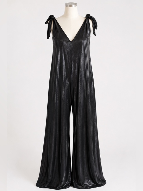 KPY Pants - KPY Lounge Black Shimmer Wide Leg Tie Strap Jumpsuit One Size